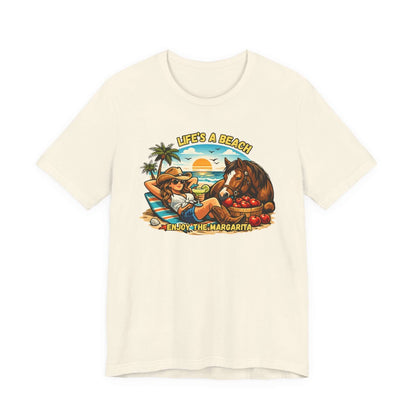 Life's A Beach Western Tee featuring a cowgirl and horse enjoying sunset and margaritas.