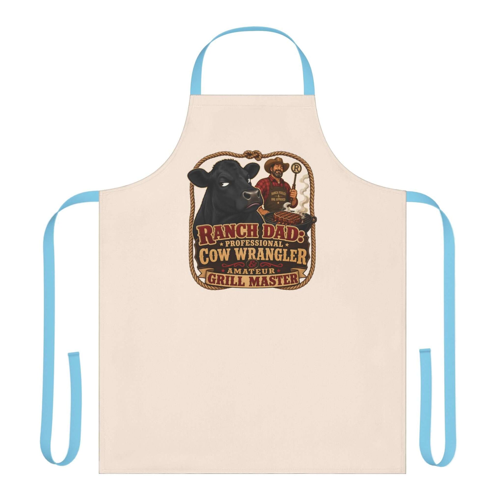 Ranch Dad Apron featuring humorous design with cow and Grill Master graphic for BBQ lovers.