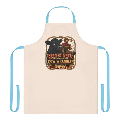 Ranch Dad Apron featuring humorous design with cow and Grill Master graphic for BBQ lovers.