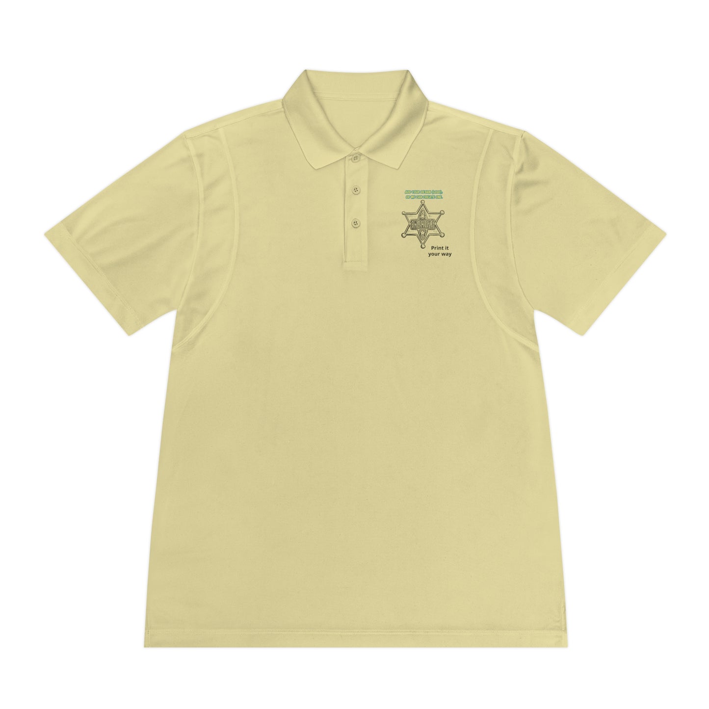 Personalize Sport Polo Shirt, men's polo in light yellow with star graphic for ranch hands.