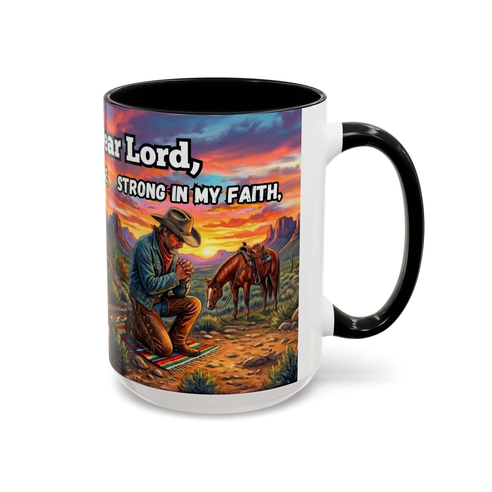 Cowboy Prayer Coffee Mug featuring cowboy praying with horses at sunset, a perfect gift for western and religious enthusiasts.
