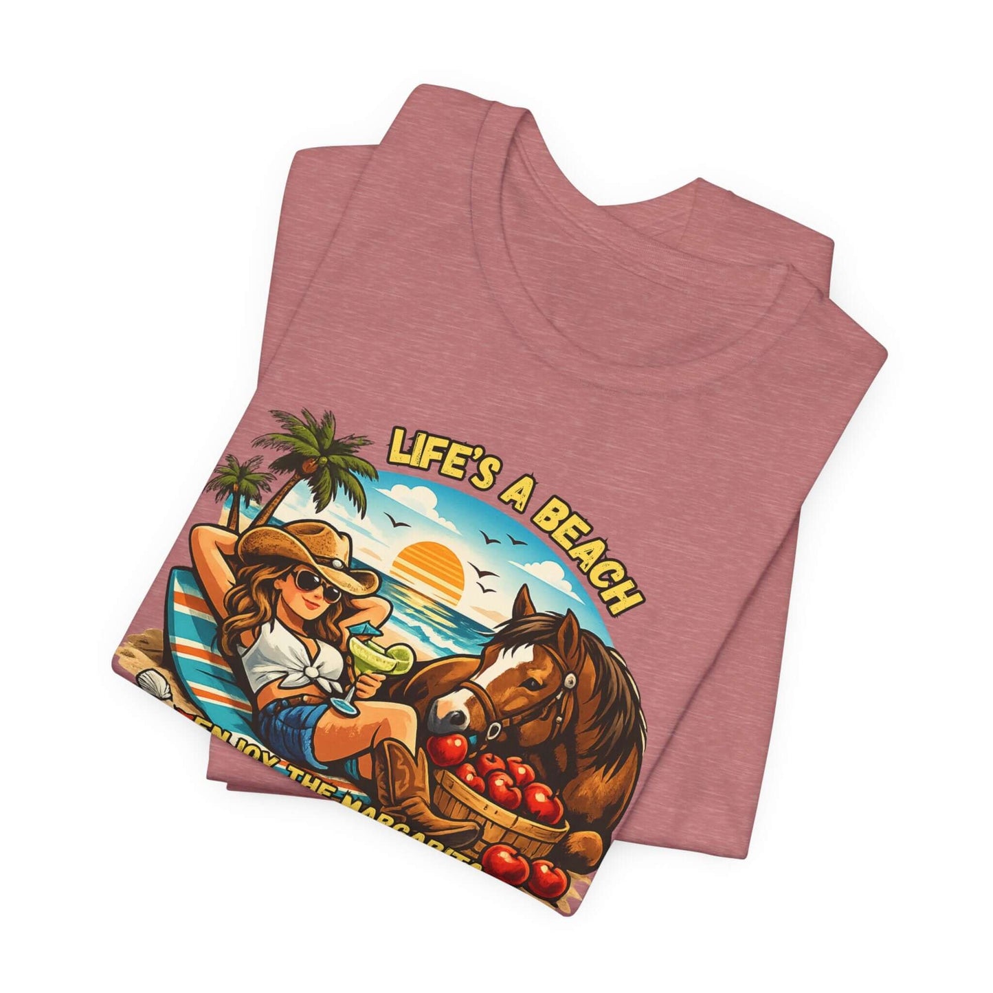 Life's A Beach Western Tee featuring a cowgirl, horse, and beach scene on a soft cotton shirt.