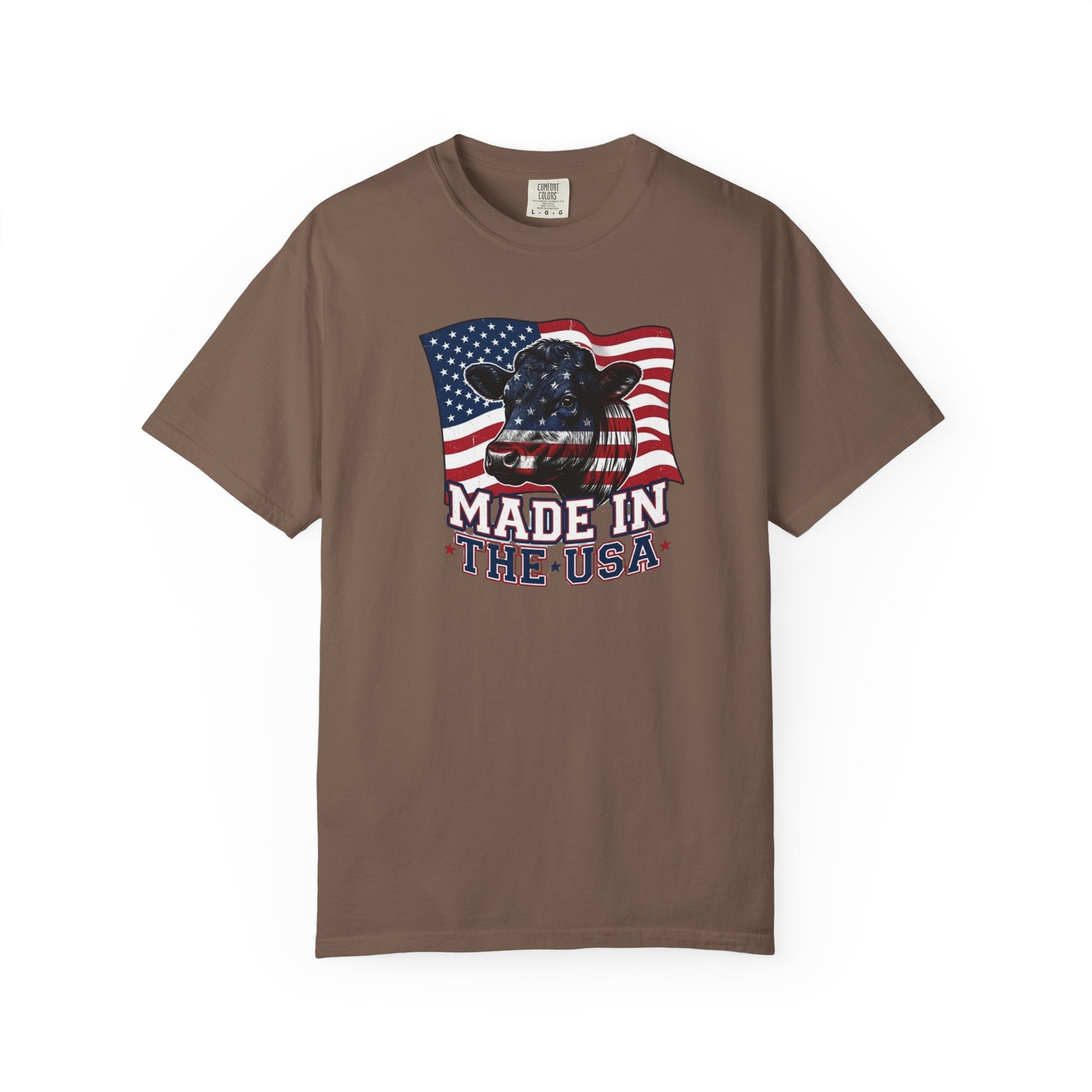 Rancher T-Shirt featuring a cow graphic and American flag, made in the USA, perfect for patriotic events and casual wear.