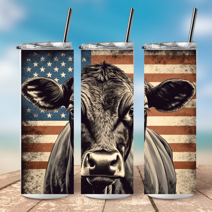 Patriotic Angus Cow American Flag Skinny Tumbler designs featuring vibrant colors and detailed cow illustration.