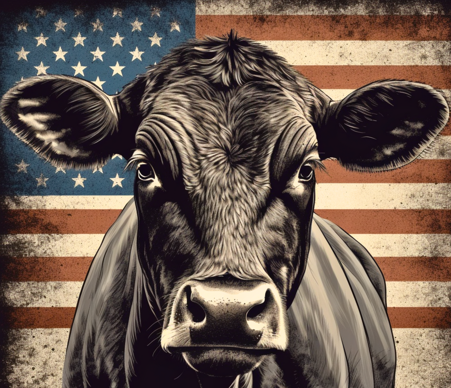 Patriotic Angus Cow against American flag background, perfect for rancher gift and patriotic celebrations.