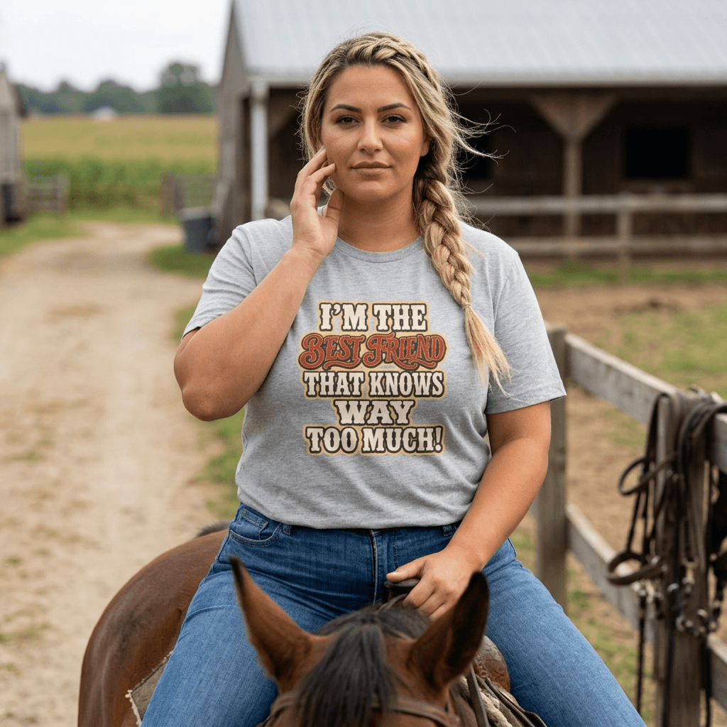 Best Friend T-Shirt featuring humorous text on a model wearing a casual tee while riding a horse outdoors.