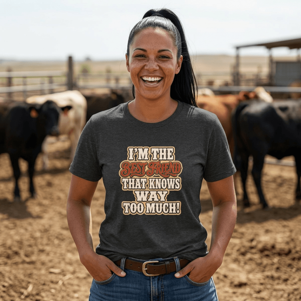 Best Friend T-Shirt featuring a woman smiling outdoors with cows, showcasing a funny saying design on a cotton tee.
