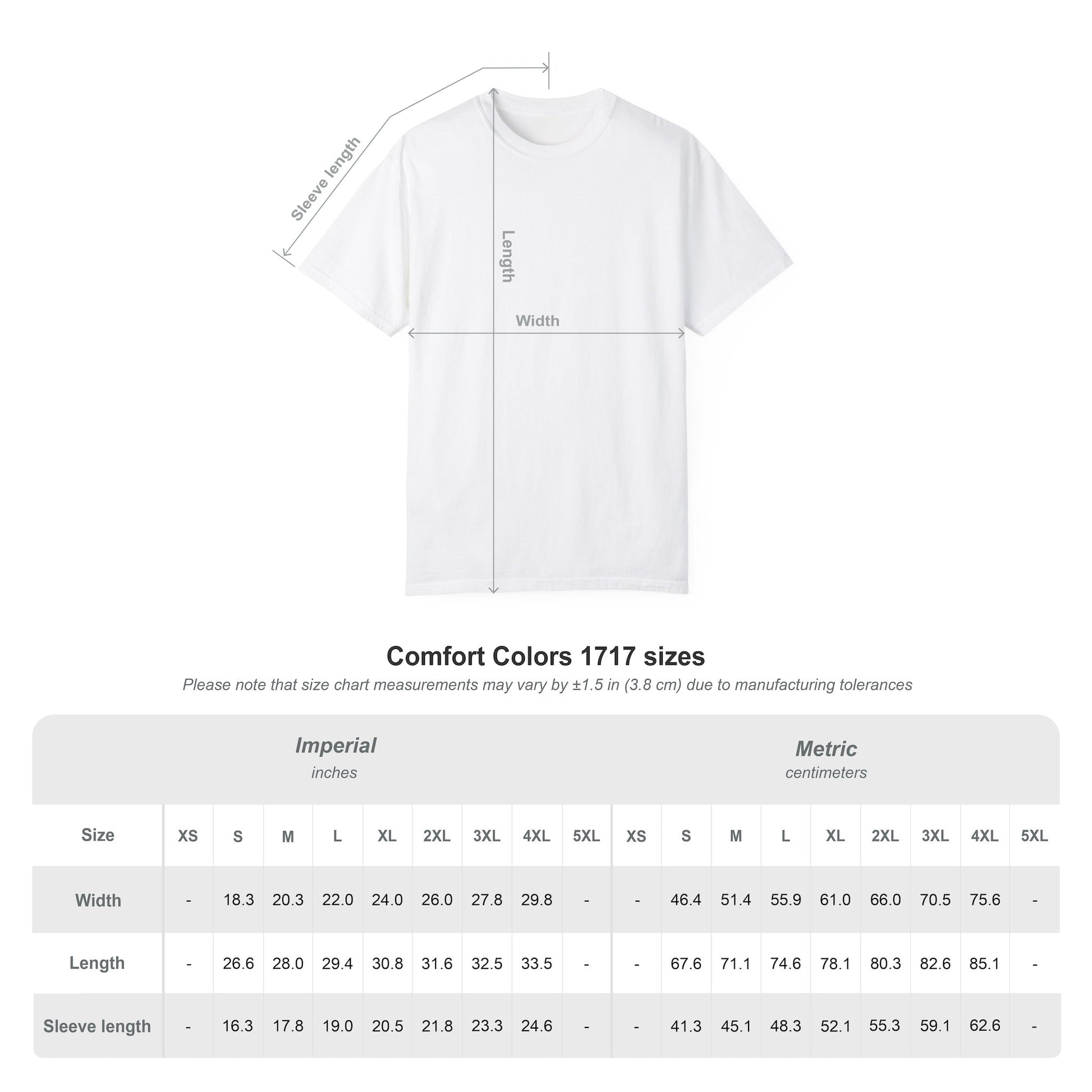 Size chart for Rancher T-Shirt, including width and length measurements in inches and centimeters.