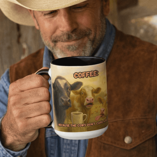 Man holding a Cow Farm Mug featuring humorous cow artwork and text, perfect gift for cow lovers.