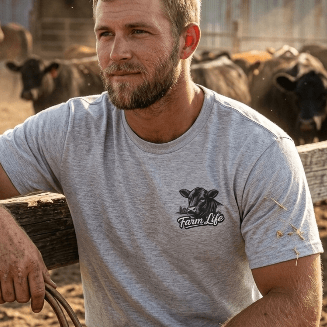 Man wearing a Farm Life T-Shirt, featuring a cow graphic, surrounded by cows in a ranch setting.