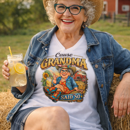 Woman wearing a Grandma T-Shirt with a funny graphic, enjoying a drink outdoors in a sunny setting.