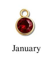 January birthstone charm, round red gemstone with gold setting, symbolizing January birthday.