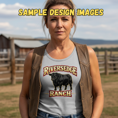 Personalize Tank Top worn by a woman, featuring Riversedge Ranch design, perfect for farmers and ranchers.