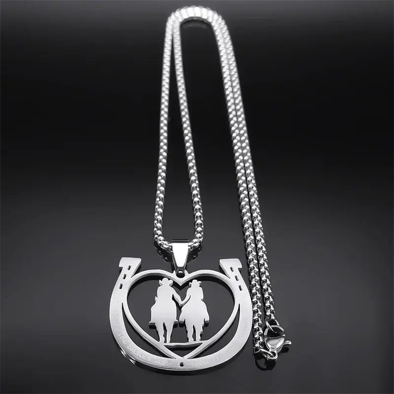 Horseshoe Necklace in stainless steel featuring a heart design with two horse figures, perfect for couples.