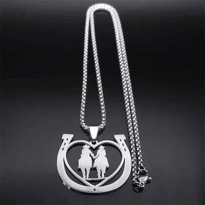 Horseshoe Necklace in stainless steel featuring a heart design with two horse figures, perfect for couples.