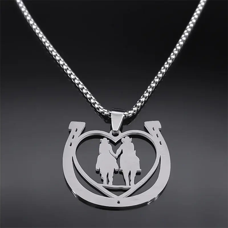 Horseshoe Necklace featuring a stainless steel heart design with two riders, perfect for couples.