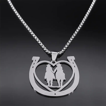 Horseshoe Necklace featuring a stainless steel heart design with two riders, perfect for couples.