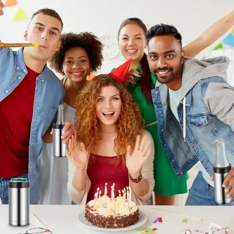 Group of friends celebrating with cake and Insulated Stainless Steel Beverage Holder at a party.