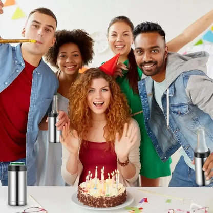 Group of friends celebrating with cake and Insulated Stainless Steel Beverage Holder at a party.