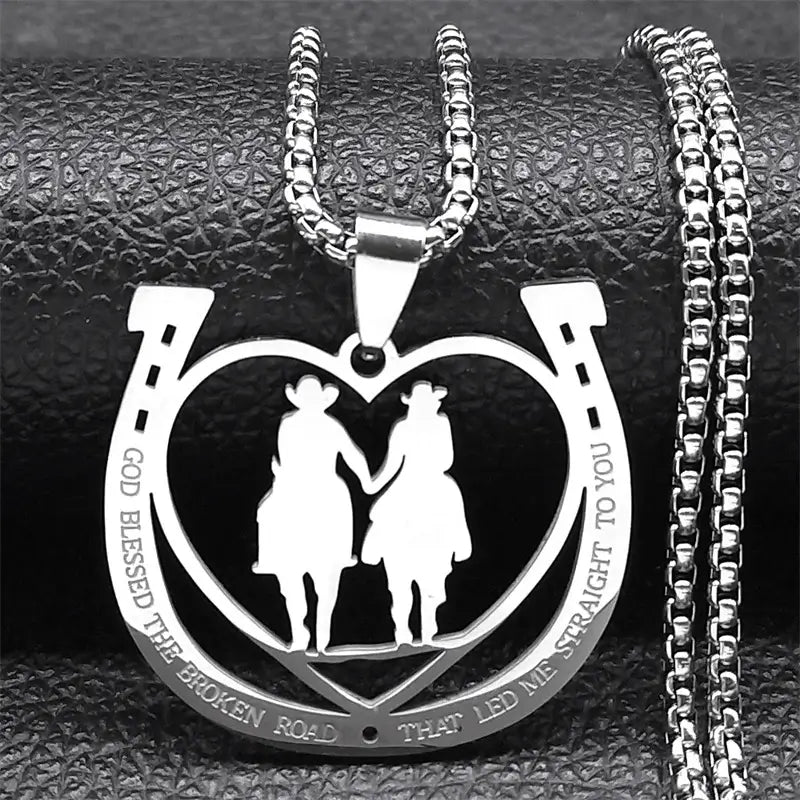 Horseshoe Necklace featuring heart design, stainless steel couple holding hands, engraved with romantic quote.