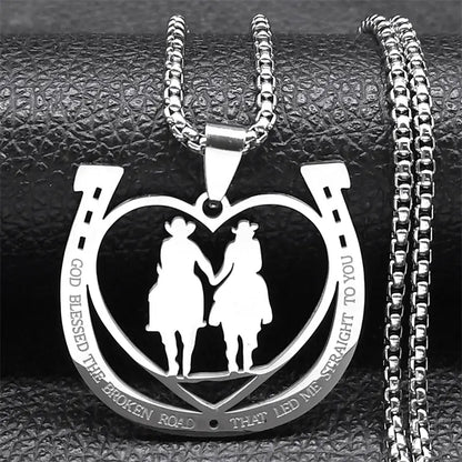 Horseshoe Necklace featuring heart design, stainless steel couple holding hands, engraved with romantic quote.