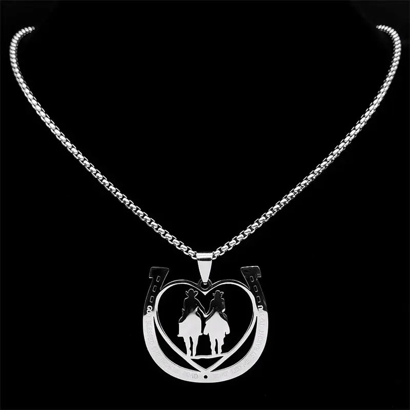 Horseshoe Necklace with heart design featuring two horses, crafted from stainless steel, elegant couple jewelry.