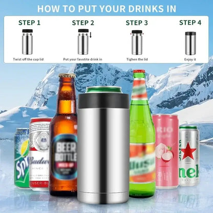 How to use Insulated Stainless Steel Beverage Holder: twist lid, add drink, tighten lid, enjoy.