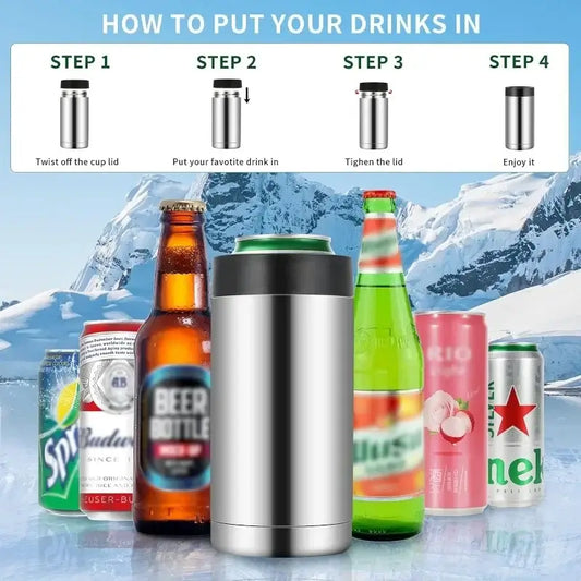 How to use Insulated Stainless Steel Beverage Holder: twist lid, add drink, tighten lid, enjoy.