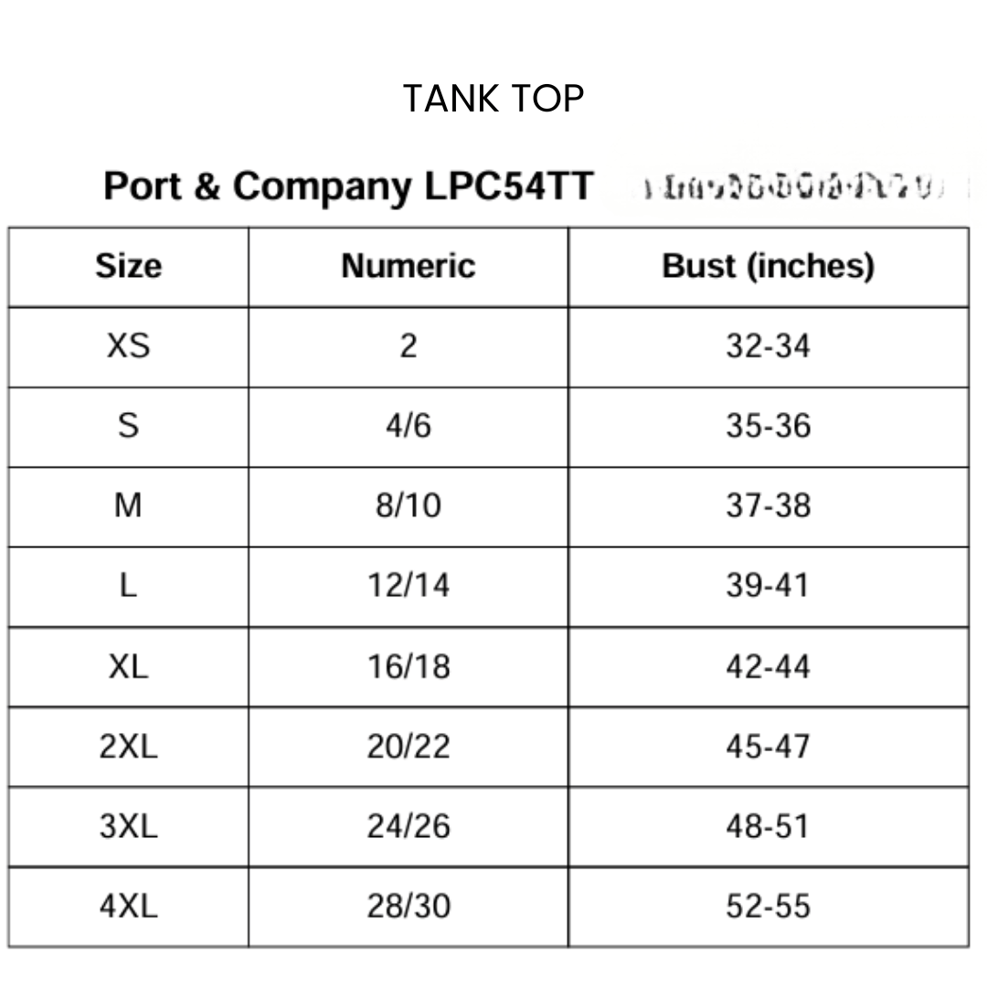 Size chart for Country Tank Top by Port & Company LPC54TT, showing numeric and bust measurements.