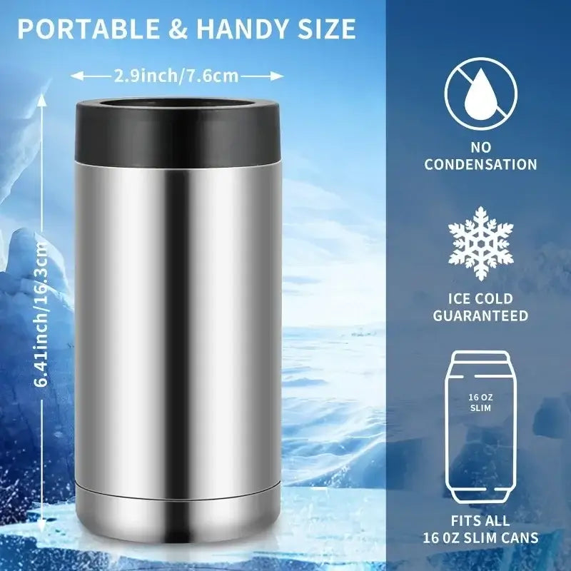 Insulated Stainless Steel Beverage Holder showcasing portable design with ice cold guarantee and no condensation.