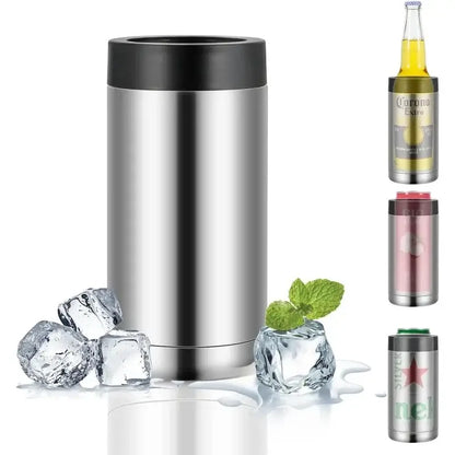 Insulated Stainless Steel Beverage Holder with ice cubes, ideal for keeping drinks cold at BBQs and outdoor events.