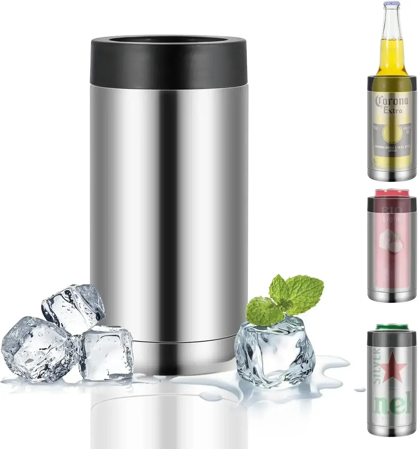 Insulated Stainless Steel Beverage Holder showcasing ice cubes, ideal for keeping drinks cold.