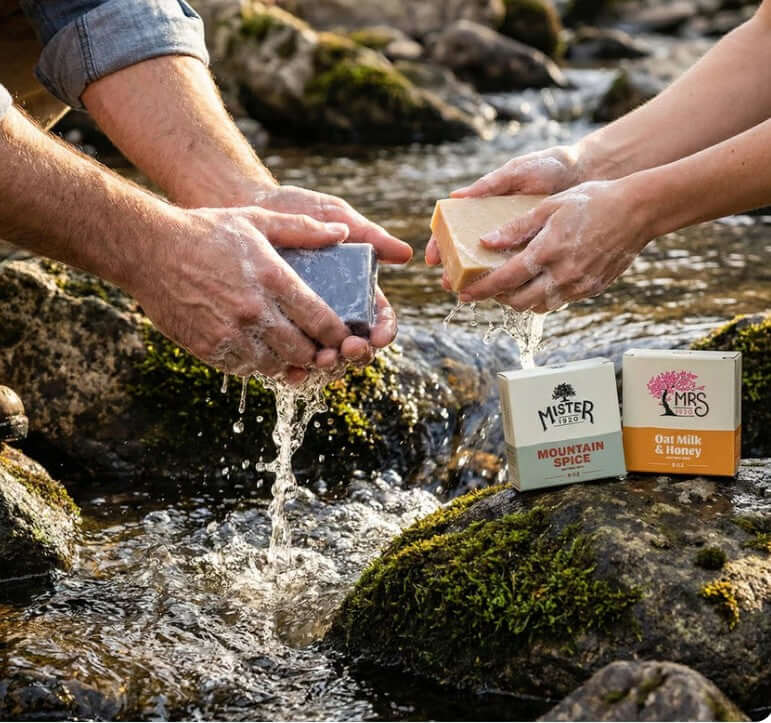 Real Soap being washed in a stream, showcasing natural soap bars by Mister1920 and Mrs, perfect homemade gift ideas.