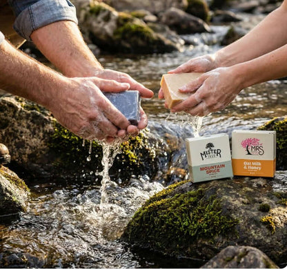 Real Soap being washed in a stream, showcasing natural soap bars by Mister1920 and Mrs, perfect homemade gift ideas.