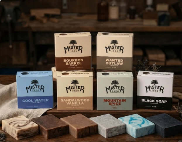 Real Soap bars by Mister1920, including Bourbon Barrel, Wanted Outlaw, Sandalwood Vanilla, and more.