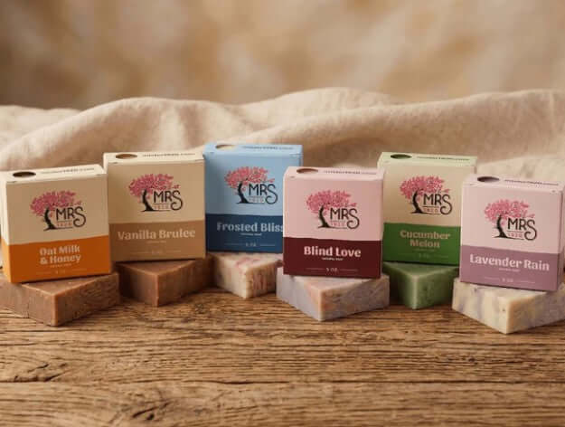 Real Soap bars in various scents, including Oat Milk & Honey and Lavender Rain, perfect for homemade gifts.