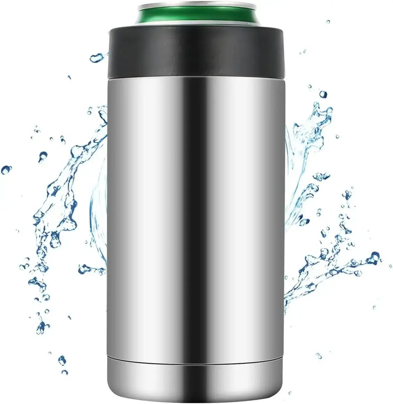 Insulated Stainless Steel Beverage Holder with a can, featuring double wall vacuum insulation for optimal cooling.
