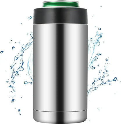 Insulated Stainless Steel Beverage Holder with a can, featuring double wall vacuum insulation for optimal cooling.