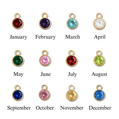Birthstone charms for each month, featuring colors for personalized jewelry designs like Personalized Cowgirl Tag Necklace.