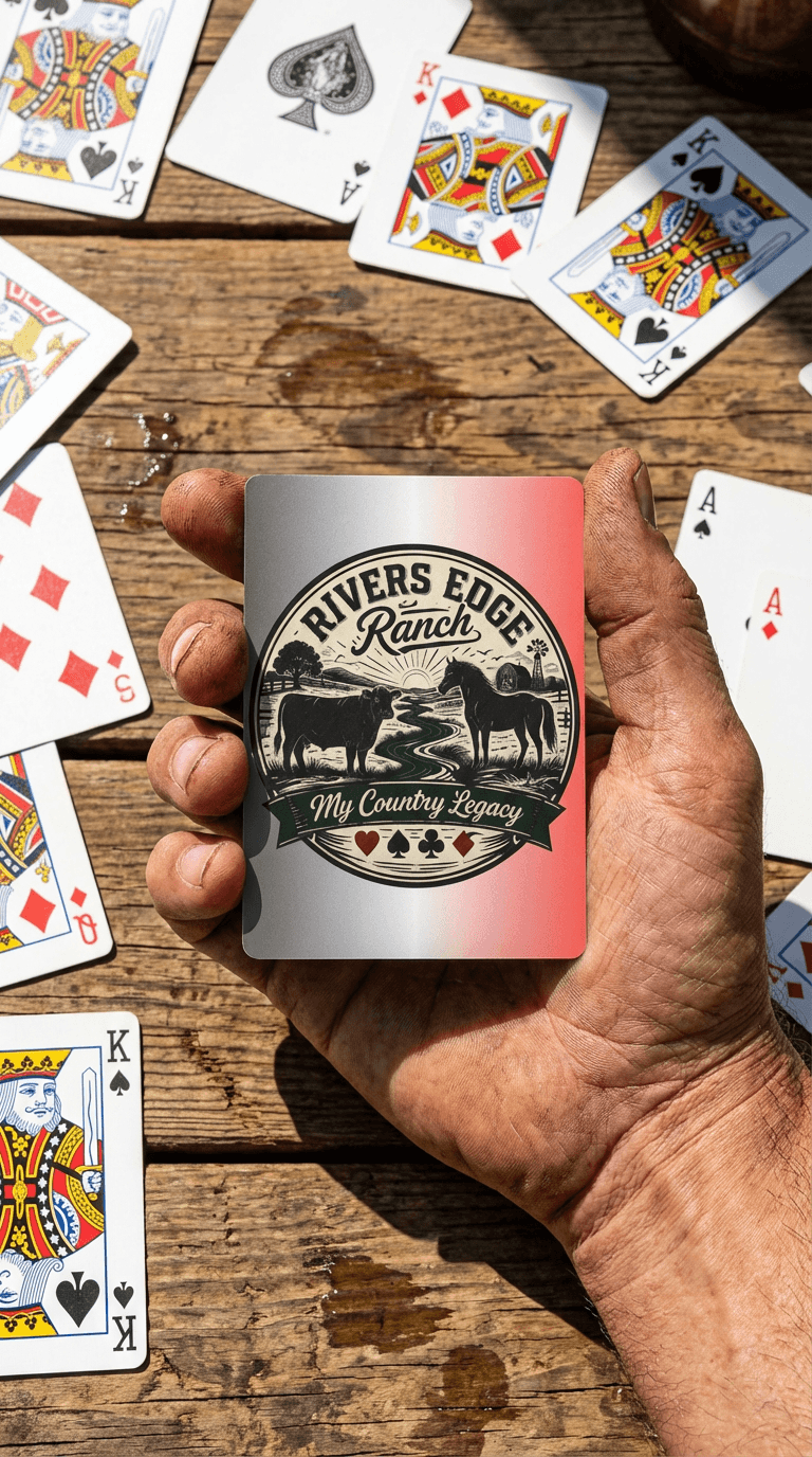 Personalized Playing Cards held in hand with rustic ranch design on top, surrounded by playing cards on a wooden table.