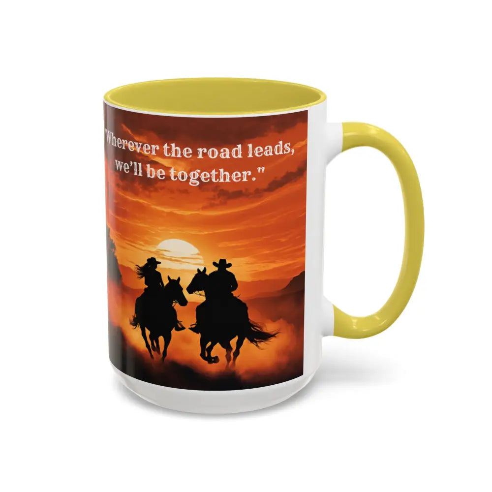 Country Western Mug Ride into the Sunset Inspirational Coffee Mug 15oz 2 Sided Cup Design - 15oz / Yellow - Mugs