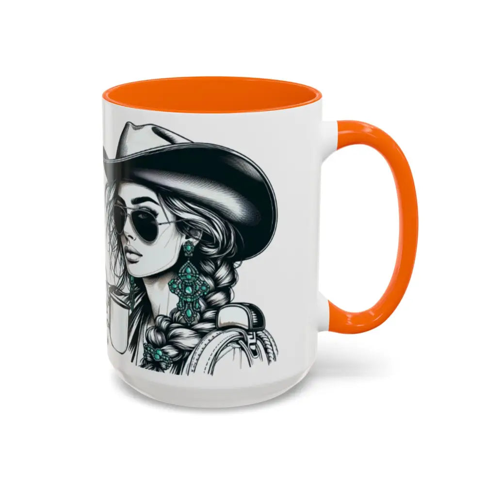 Cowgirl Coffee Mug featuring a stylish cowgirl with sunglasses and a cowboy hat, perfect for coffee lovers and western enthusiasts.