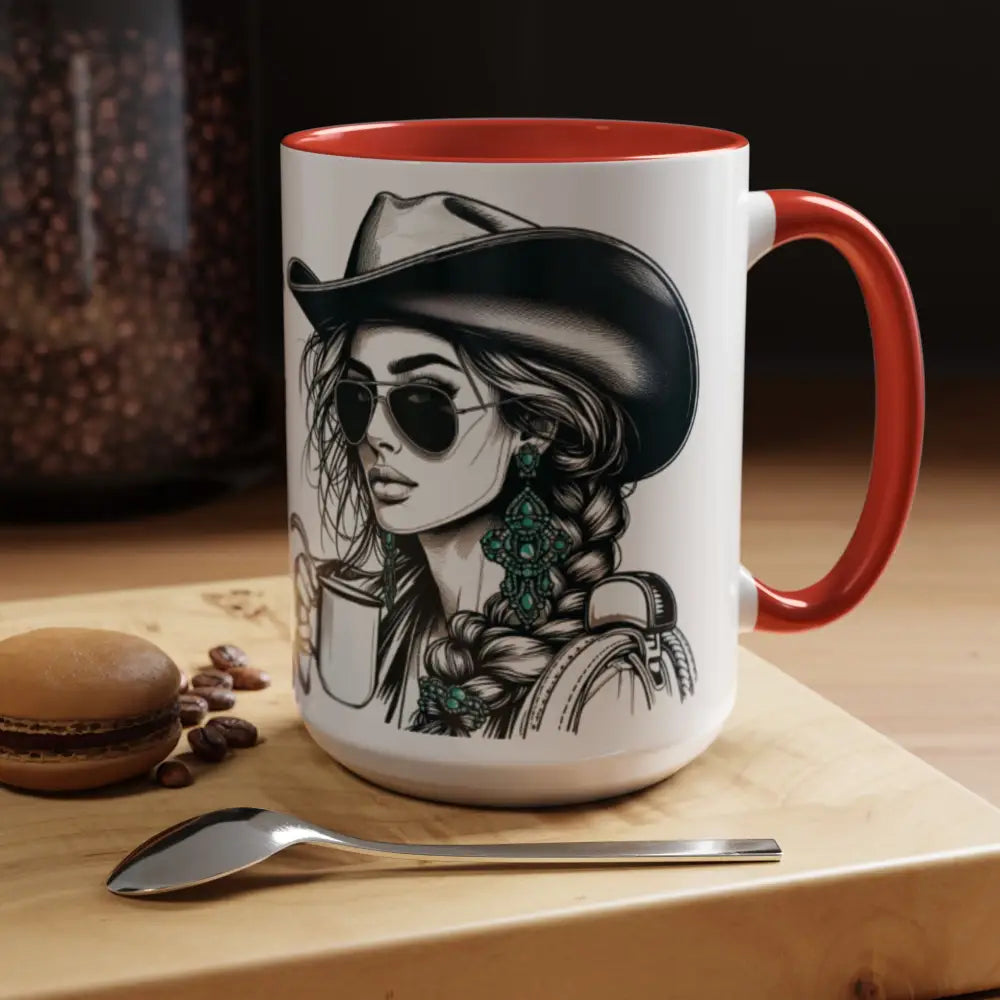 Cowgirl Coffee Mug featuring a stylish cowgirl with sunglasses, perfect for coffee lovers and western enthusiasts.