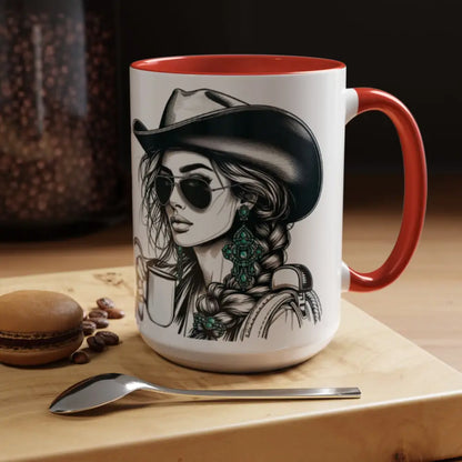 Cowgirl Coffee Mug featuring a stylish cowgirl with sunglasses, perfect for coffee lovers and western enthusiasts.