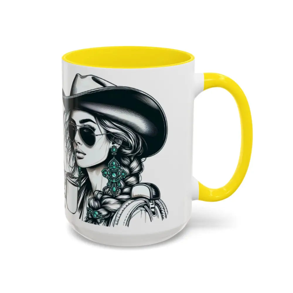 Cowgirl Coffee Mug featuring a stylish cowgirl with sunglasses and a cowboy hat, perfect for western enthusiasts.