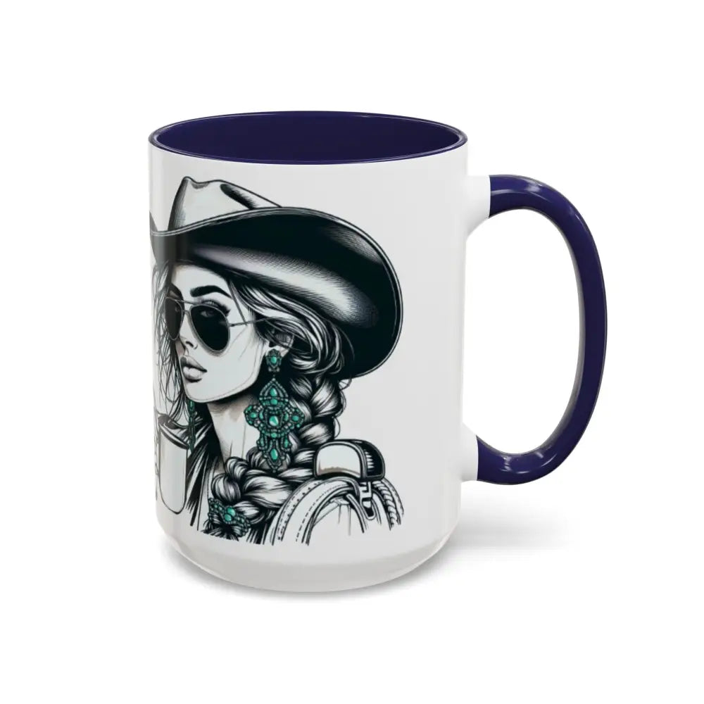 Cowgirl Coffee Mug featuring a stylish cowgirl in sunglasses and a cowboy hat, perfect for coffee lovers and western enthusiasts.
