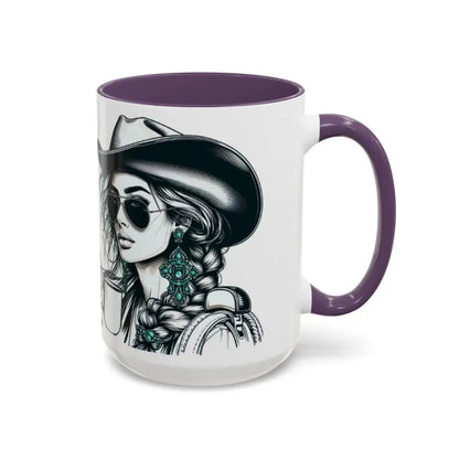 Cowgirl Coffee Mug featuring a stylish cowgirl with sunglasses and a cowboy hat, perfect for western enthusiasts.