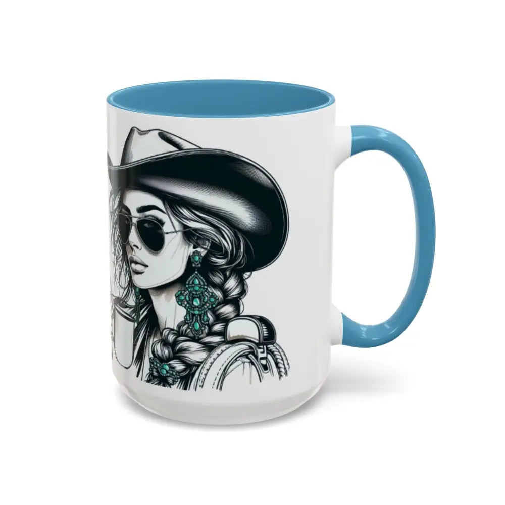 Cowgirl Coffee Mug featuring a stylish cowgirl with sunglasses and a hat, ideal for coffee lovers and western enthusiasts.