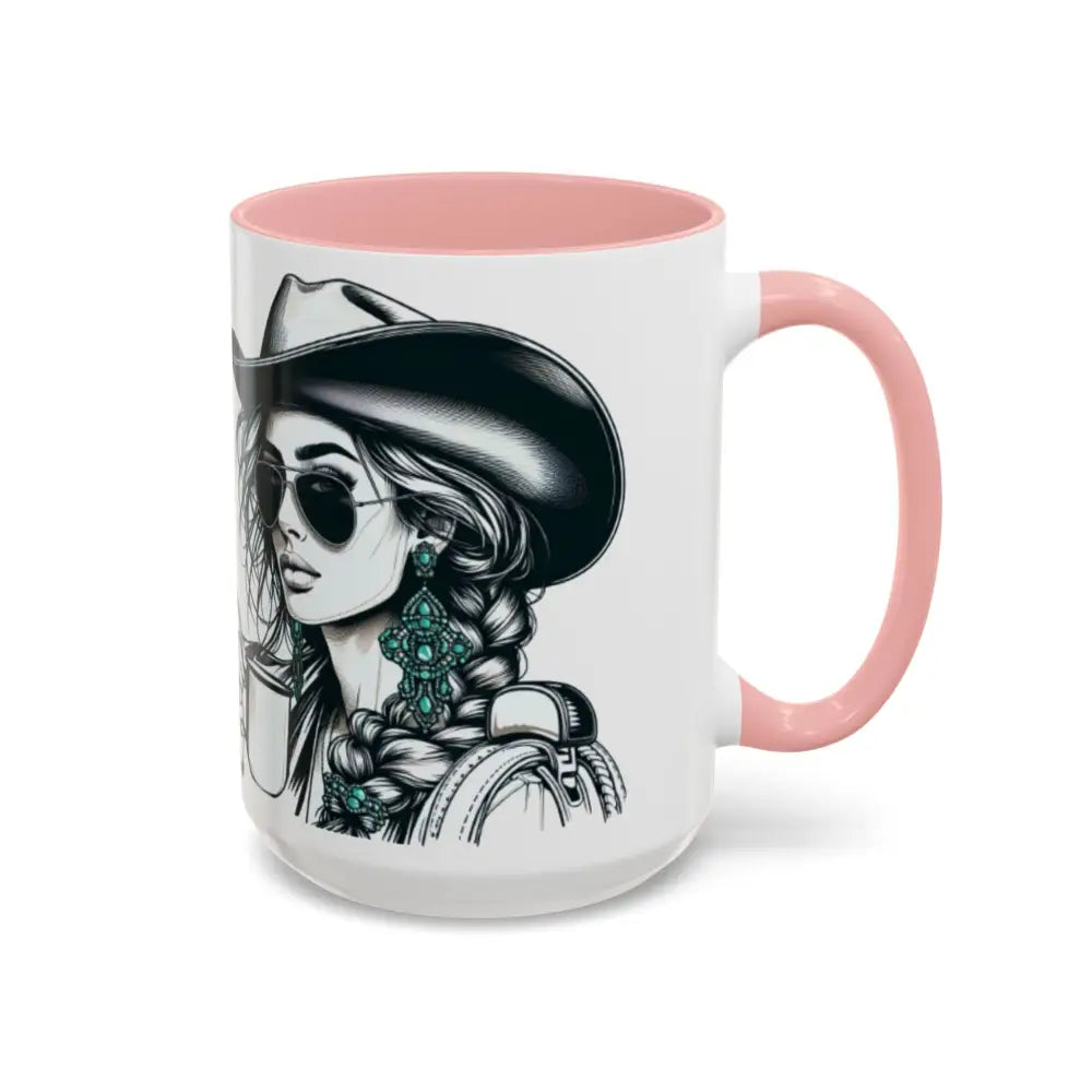 Cowgirl Coffee Mug featuring a stylish cowgirl with a hat and sunglasses on a pink handle.
