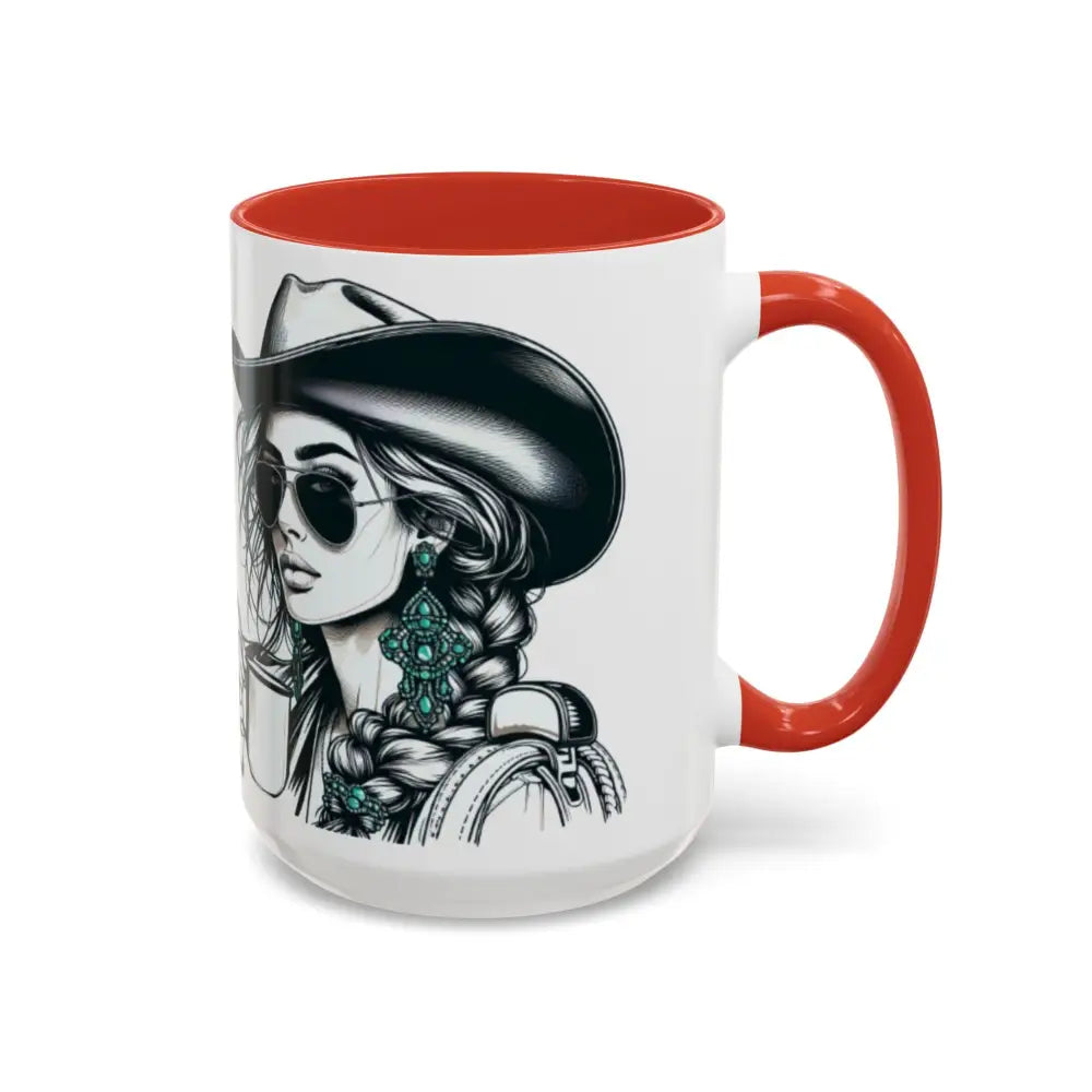 Cowgirl Coffee Mug featuring a stylish cowgirl with sunglasses and earrings, perfect for western enthusiasts.